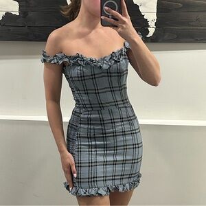 Reformation Blue Plaid Off-Shoulder Mini Dress
